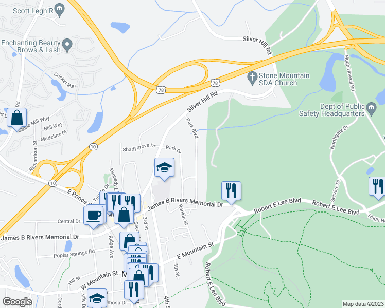 map of restaurants, bars, coffee shops, grocery stores, and more near 1248 Park Boulevard in Stone Mountain