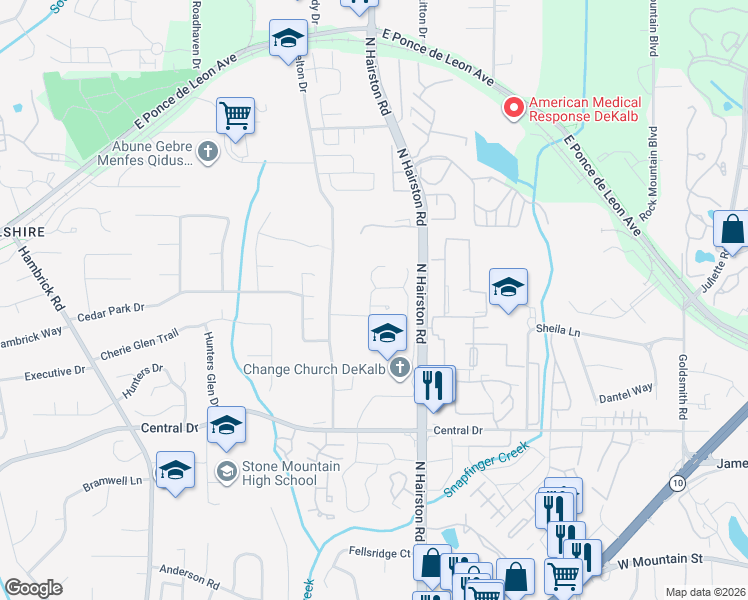 map of restaurants, bars, coffee shops, grocery stores, and more near 4726 Old Countryside Circle West in Stone Mountain