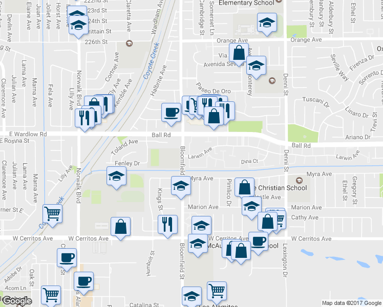 map of restaurants, bars, coffee shops, grocery stores, and more near 4011 Larwin Avenue in Cypress