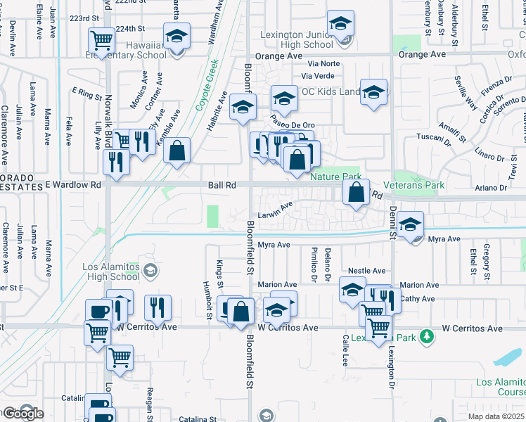 map of restaurants, bars, coffee shops, grocery stores, and more near 4011 Larwin Avenue in Cypress