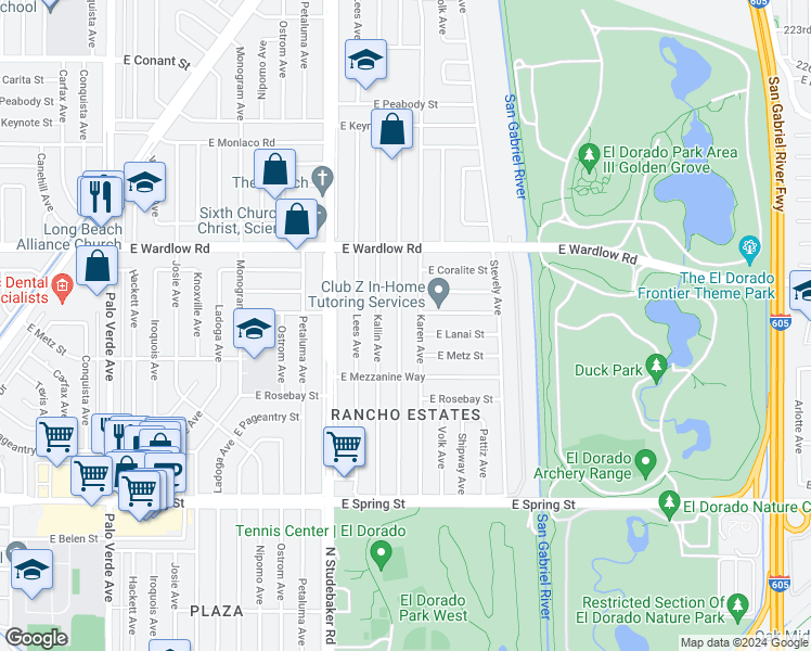 map of restaurants, bars, coffee shops, grocery stores, and more near 3304 Roxanne Avenue in Long Beach