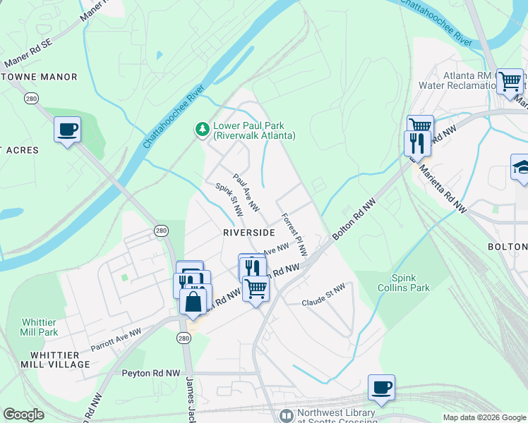 map of restaurants, bars, coffee shops, grocery stores, and more near 2221 Paul Avenue Northwest in Atlanta