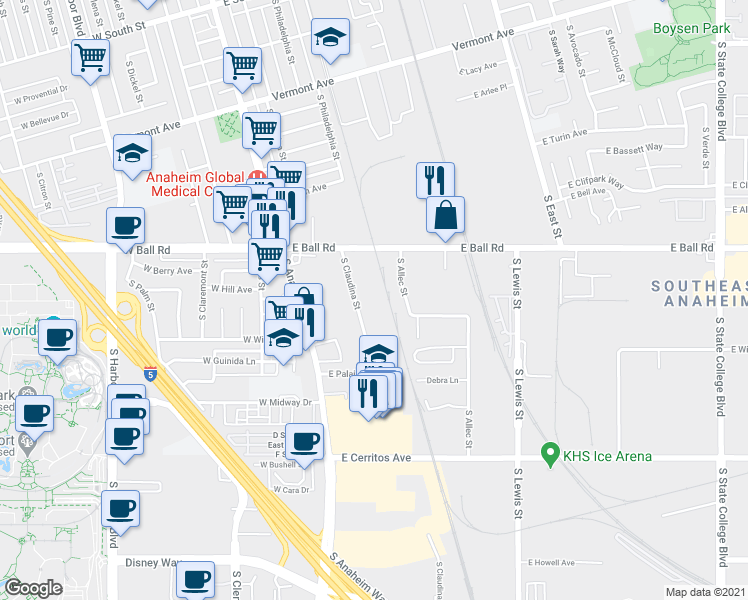 map of restaurants, bars, coffee shops, grocery stores, and more near 1304 South Claudina Street in Anaheim