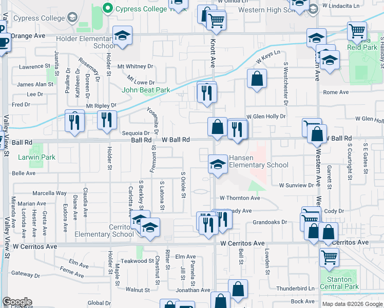 map of restaurants, bars, coffee shops, grocery stores, and more near 3534 West Ball Road in Anaheim