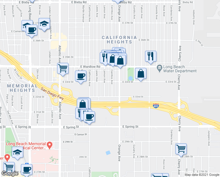 map of restaurants, bars, coffee shops, grocery stores, and more near 3255 Cerritos Avenue in Signal Hill