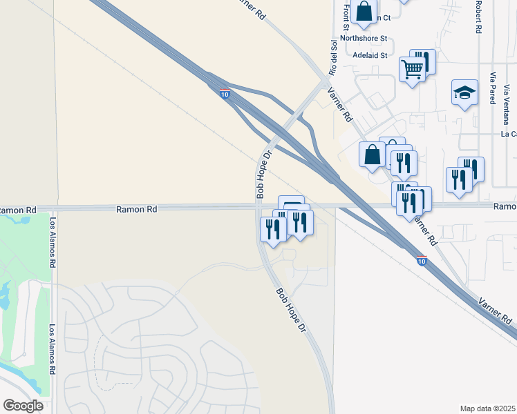 map of restaurants, bars, coffee shops, grocery stores, and more near Bob Hope Drive in Rancho Mirage