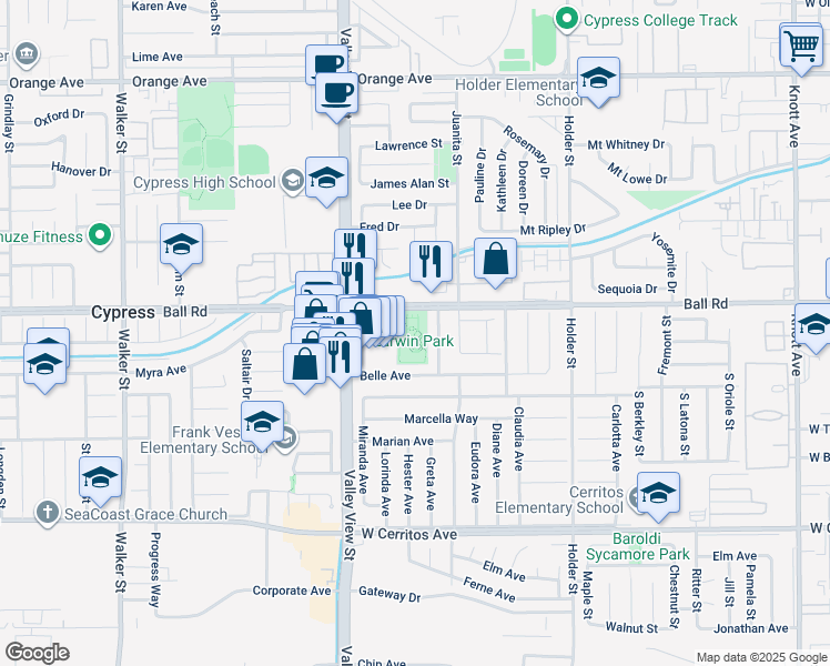 map of restaurants, bars, coffee shops, grocery stores, and more near 6150 Ball Road in Buena Park