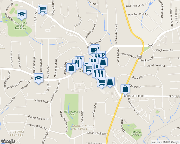 map of restaurants, bars, coffee shops, grocery stores, and more near 2203 Lavista Rd NE in Atlanta