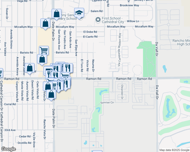 map of restaurants, bars, coffee shops, grocery stores, and more near 69510 Ramon Road in Cathedral City