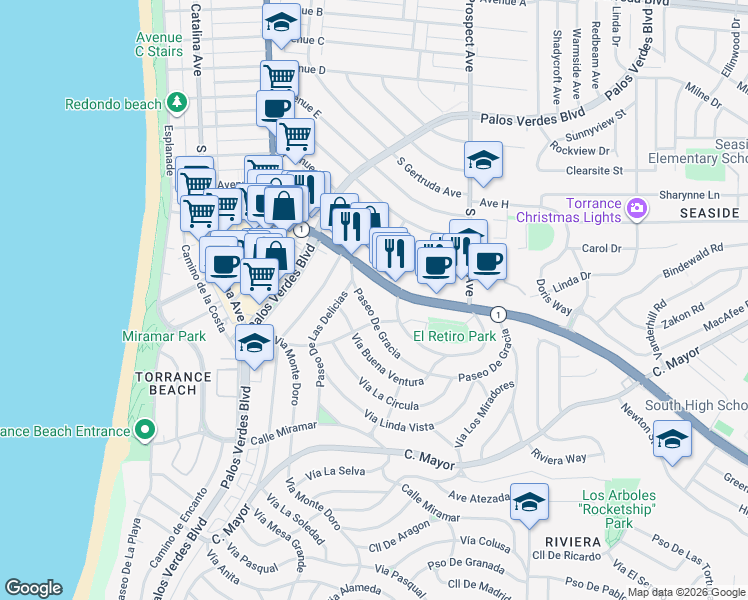 map of restaurants, bars, coffee shops, grocery stores, and more near 139 Paseo De Gracia in Redondo Beach