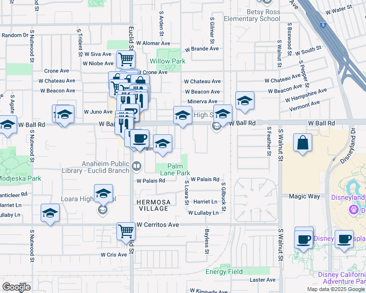 map of restaurants, bars, coffee shops, grocery stores, and more near 1244 South Loara Street in Anaheim