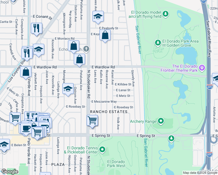 map of restaurants, bars, coffee shops, grocery stores, and more near 3304 Roxanne Avenue in Long Beach