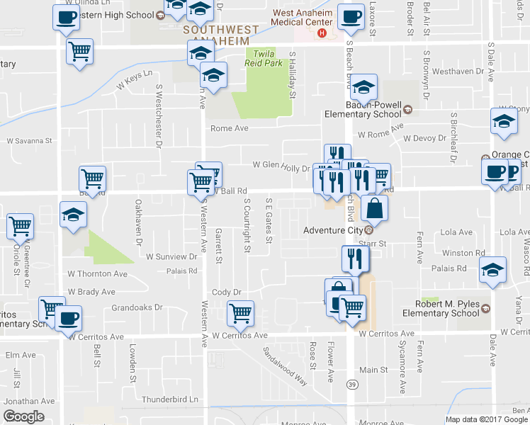 map of restaurants, bars, coffee shops, grocery stores, and more near 1223 South East Gates Street in Anaheim