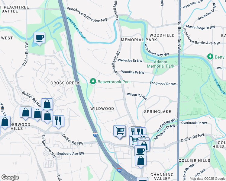 map of restaurants, bars, coffee shops, grocery stores, and more near 878 Beaverbrook Drive Northwest in Atlanta
