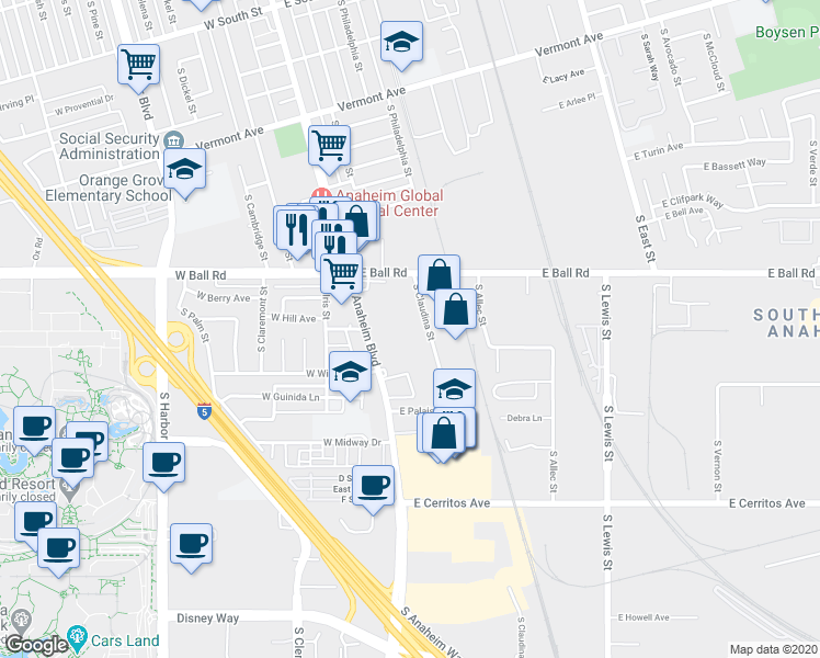 map of restaurants, bars, coffee shops, grocery stores, and more near 1303 South Claudina Street in Anaheim