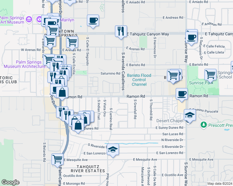 map of restaurants, bars, coffee shops, grocery stores, and more near 959 Village Square North in Palm Springs