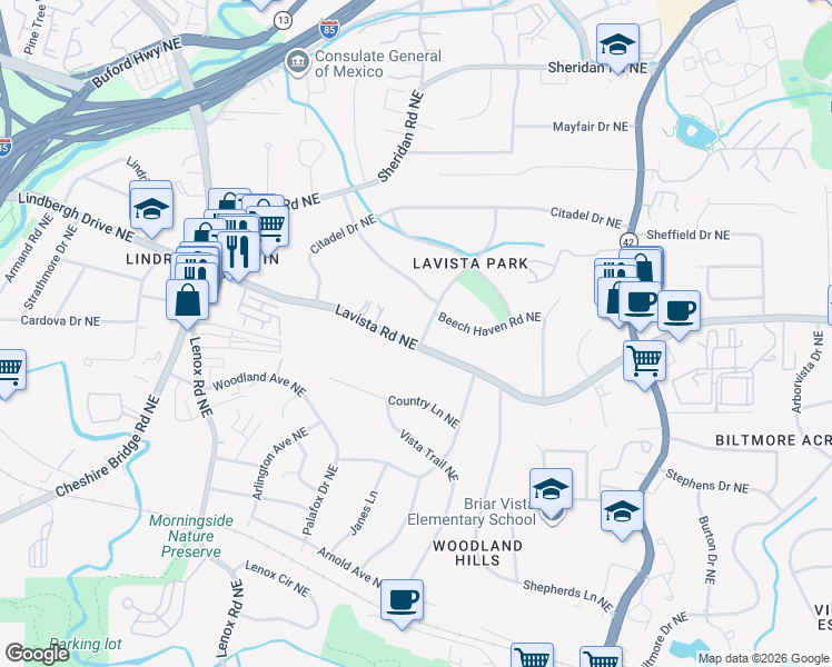 map of restaurants, bars, coffee shops, grocery stores, and more near 1410 Lavista Road Northeast in Atlanta