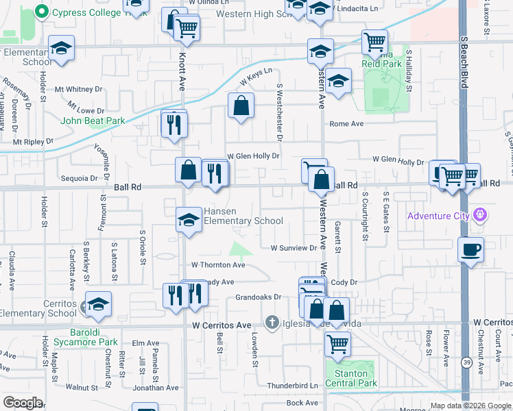 map of restaurants, bars, coffee shops, grocery stores, and more near 1223 South Oakhaven Drive in Anaheim