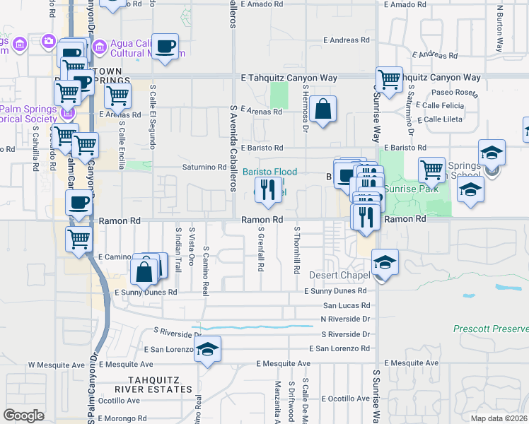 map of restaurants, bars, coffee shops, grocery stores, and more near 1050 Ramon Road in Palm Springs