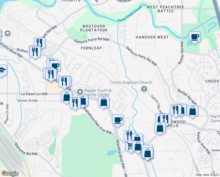 map of restaurants, bars, coffee shops, grocery stores, and more near 2121 Bolton Drive Northwest in Atlanta