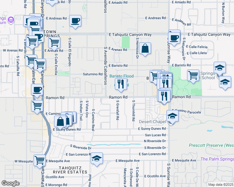 map of restaurants, bars, coffee shops, grocery stores, and more near 1050 Ramon Road in Palm Springs