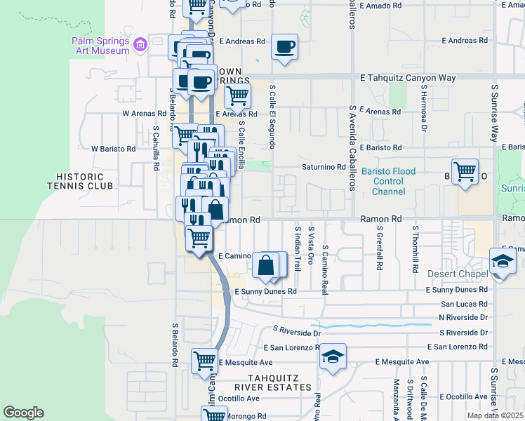map of restaurants, bars, coffee shops, grocery stores, and more near 400 Ramon Road in Palm Springs