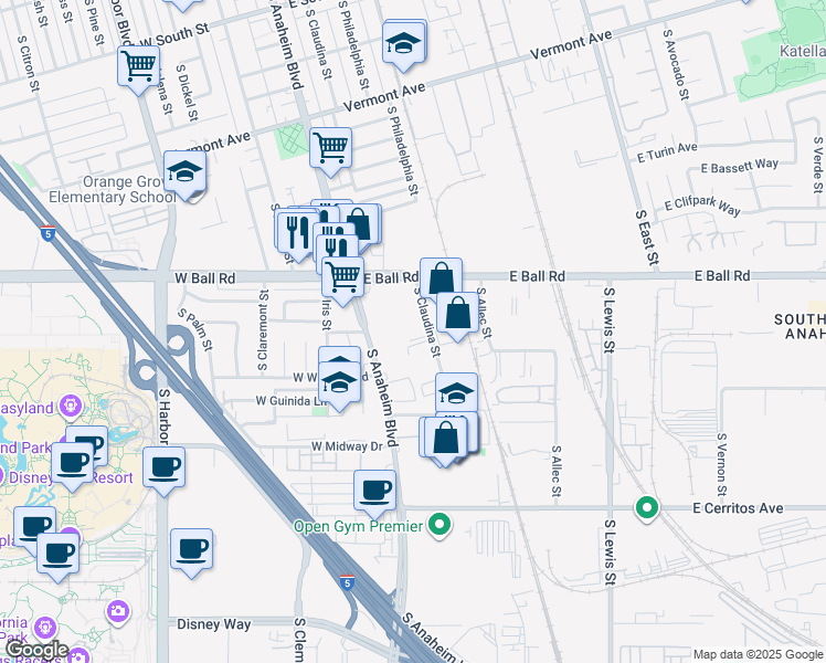 map of restaurants, bars, coffee shops, grocery stores, and more near 1303 South Claudina Street in Anaheim