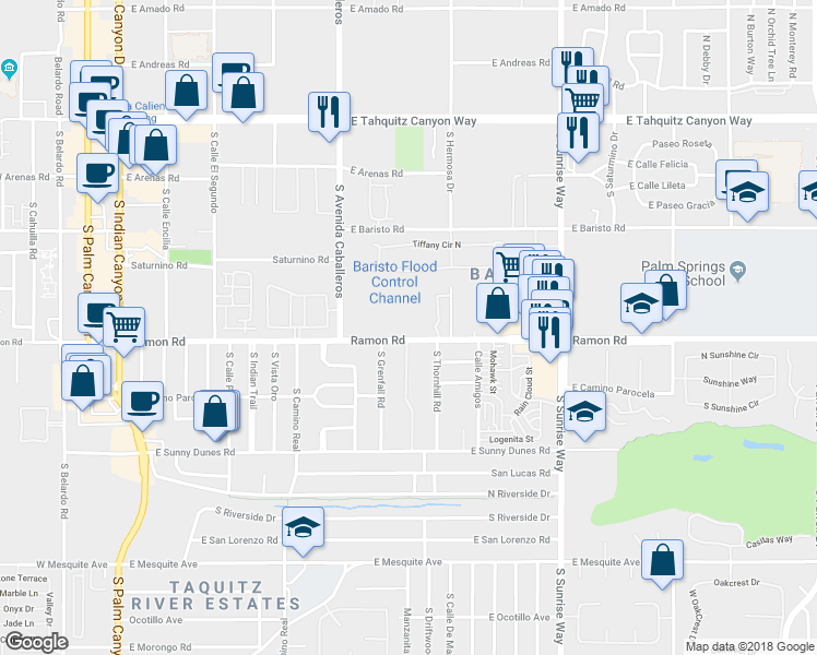 map of restaurants, bars, coffee shops, grocery stores, and more near 1268 Ramon Road in Palm Springs