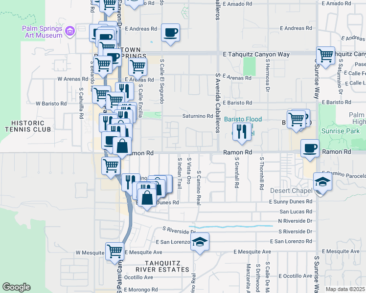 map of restaurants, bars, coffee shops, grocery stores, and more near 835 Village Square North in Palm Springs