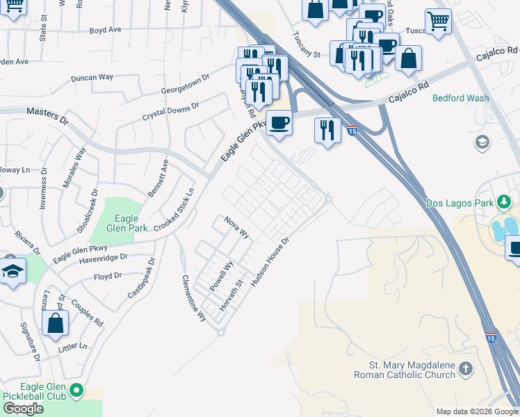 map of restaurants, bars, coffee shops, grocery stores, and more near 2506 Nova Way in Corona