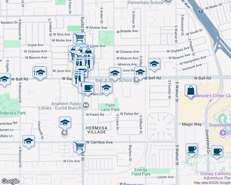 map of restaurants, bars, coffee shops, grocery stores, and more near 1244 South Loara Street in Anaheim