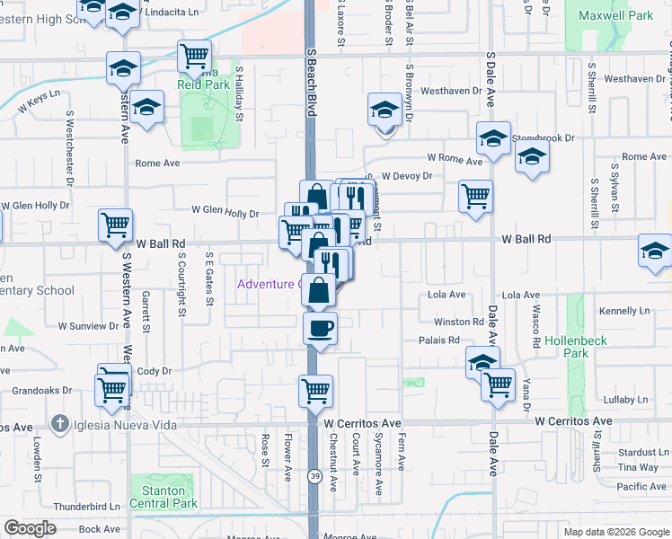 map of restaurants, bars, coffee shops, grocery stores, and more near 1238 South Beach Boulevard in Anaheim