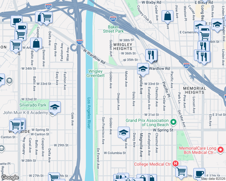 map of restaurants, bars, coffee shops, grocery stores, and more near 3225 Oregon Avenue in Long Beach