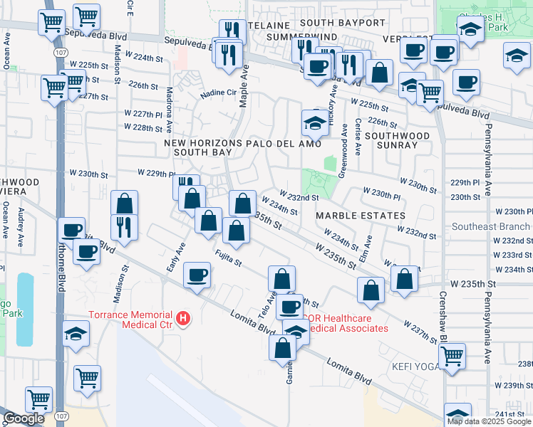 map of restaurants, bars, coffee shops, grocery stores, and more near 2887 West 235th Street in Torrance