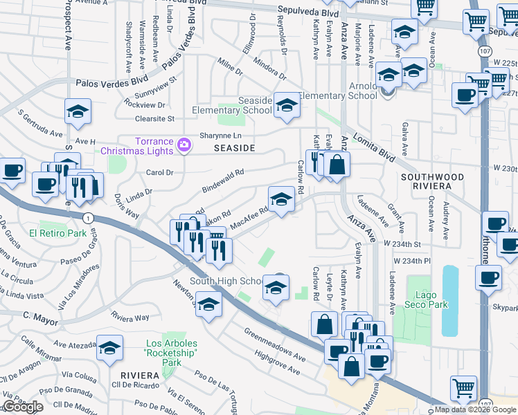 map of restaurants, bars, coffee shops, grocery stores, and more near 4816 Macafee Road in Torrance