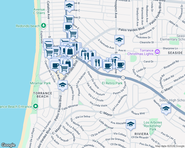 map of restaurants, bars, coffee shops, grocery stores, and more near 139 Paseo De Gracia in Redondo Beach