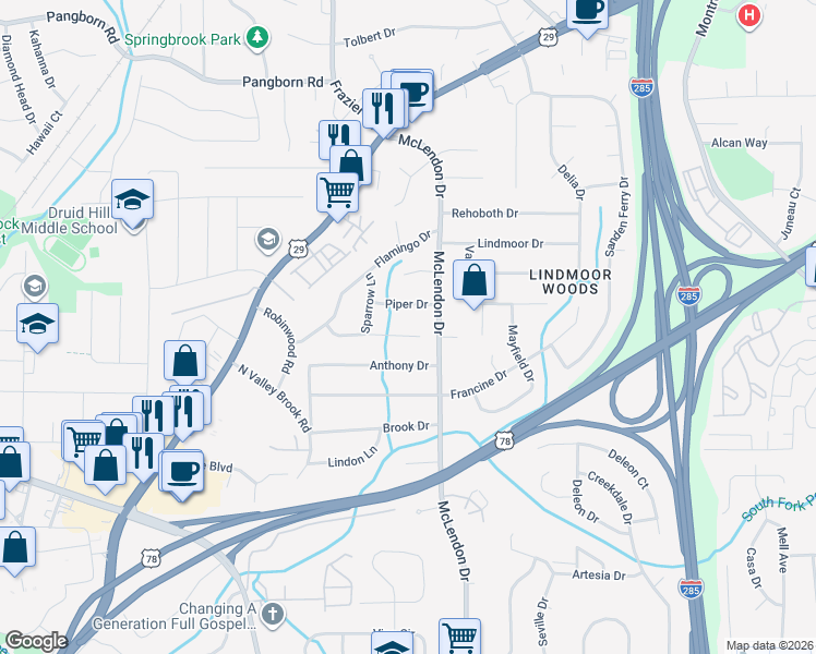 map of restaurants, bars, coffee shops, grocery stores, and more near 3099 Dove Way in Decatur