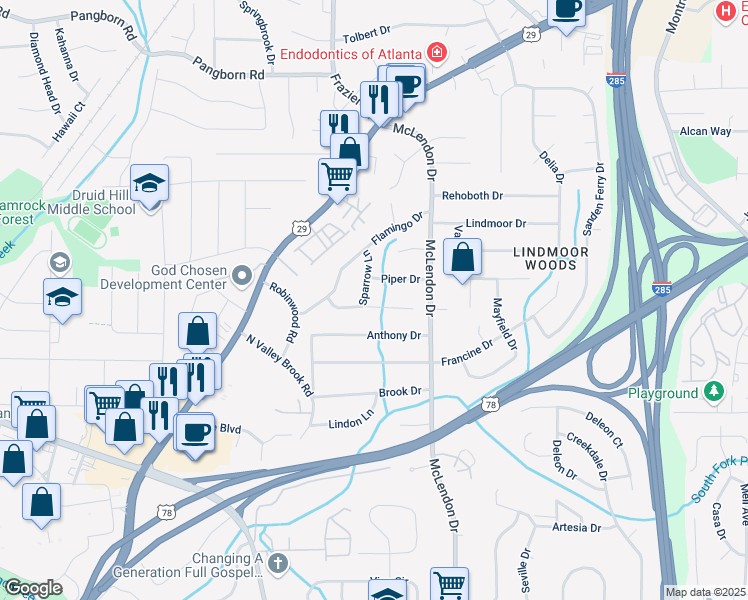 map of restaurants, bars, coffee shops, grocery stores, and more near 3082 Dove Way in Decatur