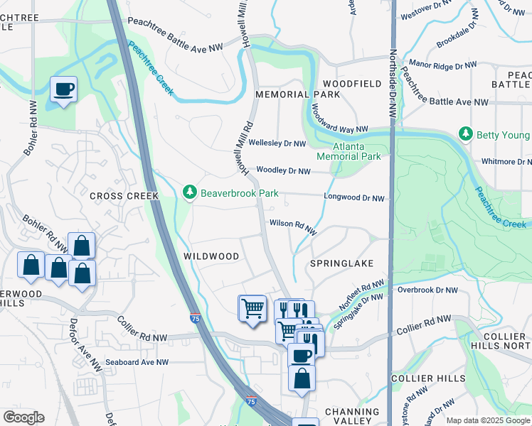 map of restaurants, bars, coffee shops, grocery stores, and more near in Atlanta