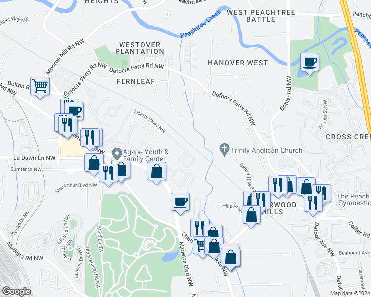 map of restaurants, bars, coffee shops, grocery stores, and more near 3002 Liberty Way Northwest in Atlanta