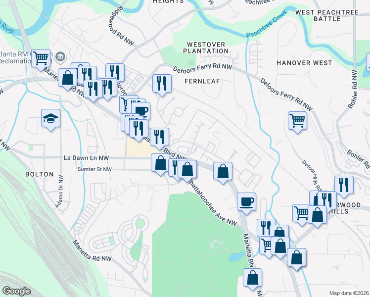 map of restaurants, bars, coffee shops, grocery stores, and more near 2024 Holtz Lane in Atlanta