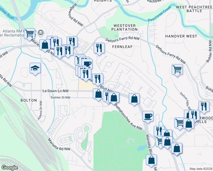 map of restaurants, bars, coffee shops, grocery stores, and more near 2230 Marietta Boulevard Northwest in Atlanta