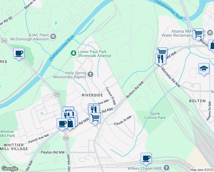 map of restaurants, bars, coffee shops, grocery stores, and more near 2497 Edwards Drive Northwest in Atlanta