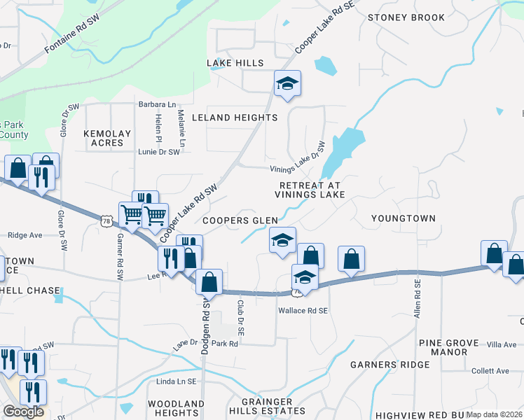 map of restaurants, bars, coffee shops, grocery stores, and more near 10 Coopers Glen Drive Southwest in Mableton