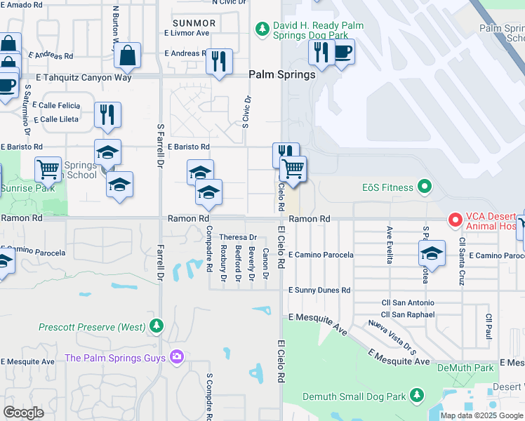 map of restaurants, bars, coffee shops, grocery stores, and more near 3155 Ramon Road in Palm Springs