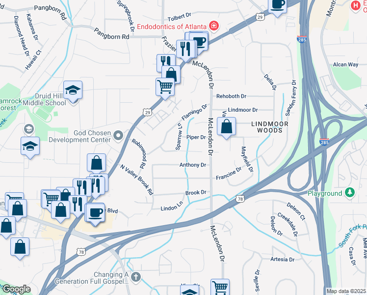 map of restaurants, bars, coffee shops, grocery stores, and more near 3082 Dove Way in Decatur