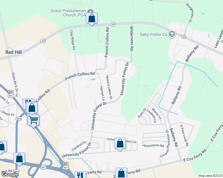 map of restaurants, bars, coffee shops, grocery stores, and more near 252 Jessica Lakes Drive in Conway