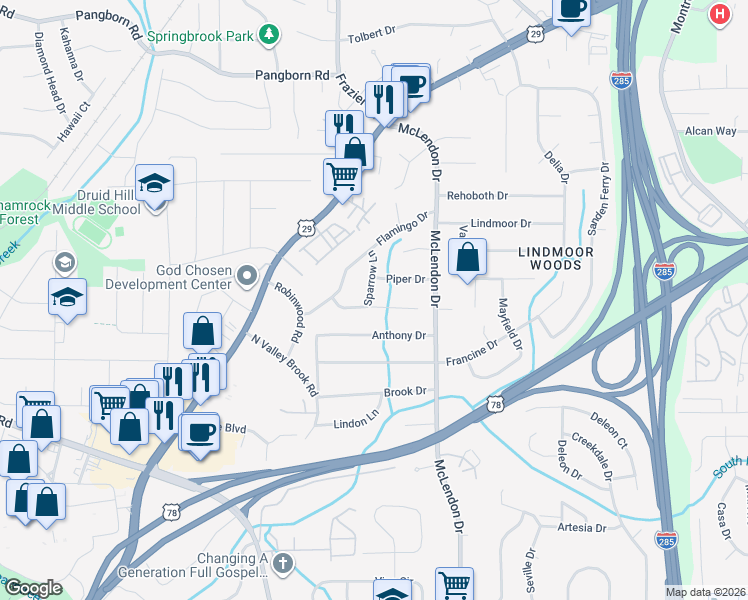 map of restaurants, bars, coffee shops, grocery stores, and more near 3076 Dove Way in Decatur