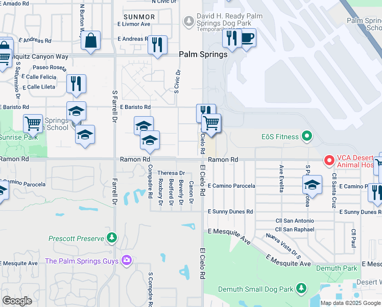 map of restaurants, bars, coffee shops, grocery stores, and more near 401 El Cielo Road in Palm Springs