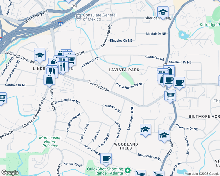 map of restaurants, bars, coffee shops, grocery stores, and more near 1410 Lavista Road Northeast in Atlanta